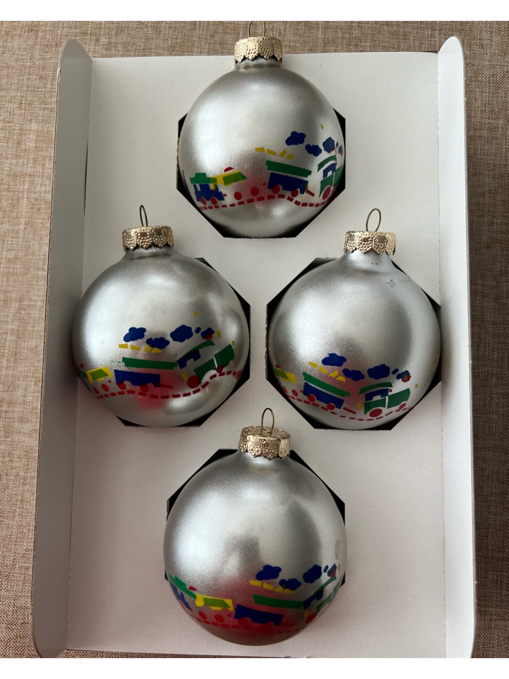 Vintage Silver Holiday Living Train Glass Ball Ornaments - Set of 4